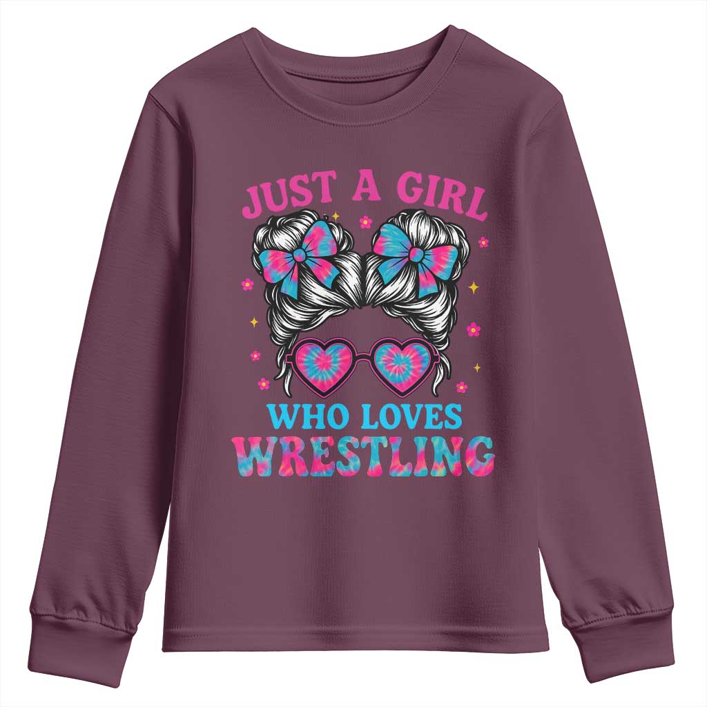 Just A Girl Who Loves Wrestling Youth Sweatshirt Funny Wrestle Lover Wrestler Messy Bun TS10 Maroon Print Your Wear