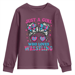 Just A Girl Who Loves Wrestling Youth Sweatshirt Funny Wrestle Lover Wrestler Messy Bun TS10 Maroon Print Your Wear