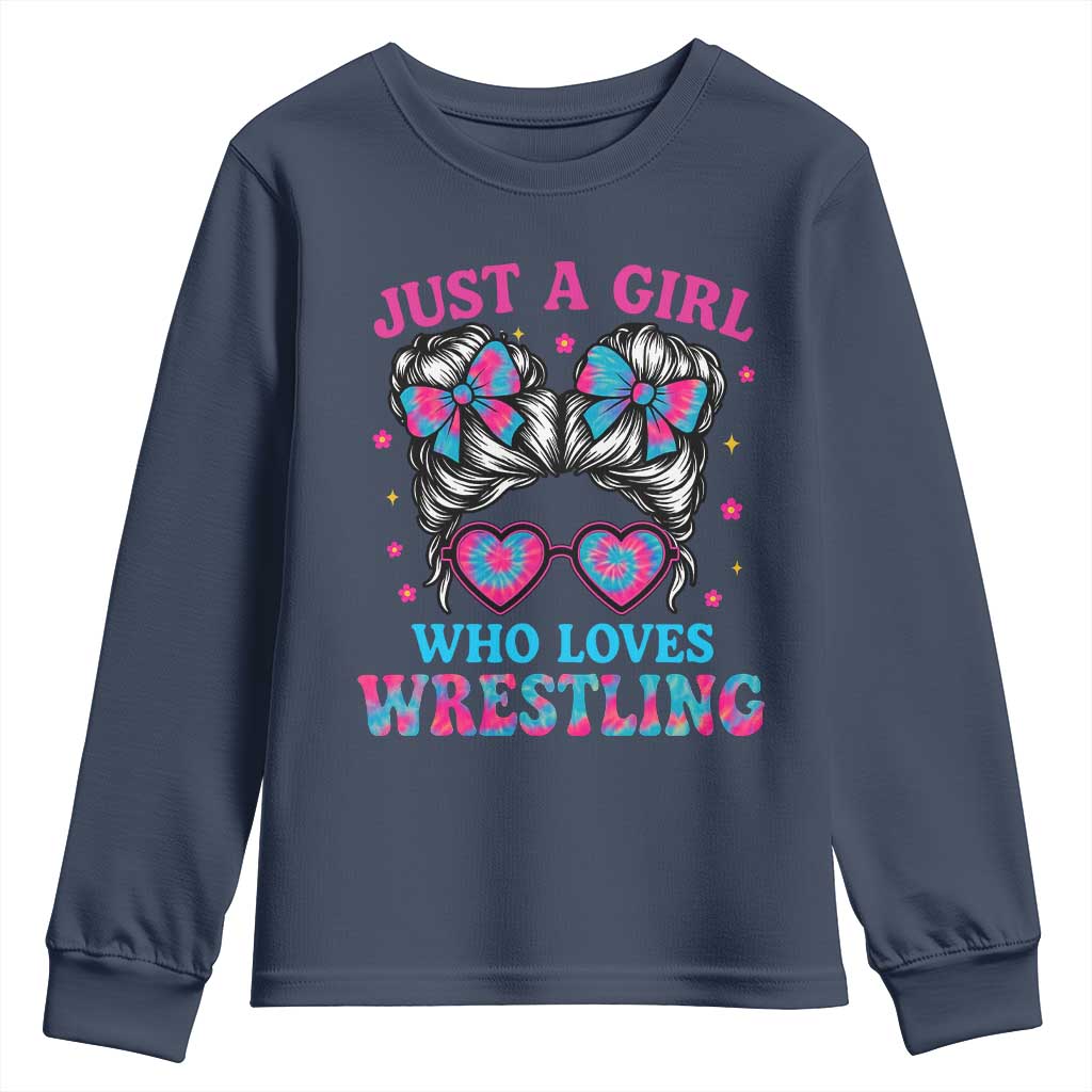 Just A Girl Who Loves Wrestling Youth Sweatshirt Funny Wrestle Lover Wrestler Messy Bun TS10 Navy Print Your Wear
