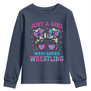 Just A Girl Who Loves Wrestling Youth Sweatshirt Funny Wrestle Lover Wrestler Messy Bun TS10 Navy Print Your Wear