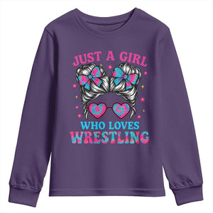 Just A Girl Who Loves Wrestling Youth Sweatshirt Funny Wrestle Lover Wrestler Messy Bun TS10 Purple Print Your Wear