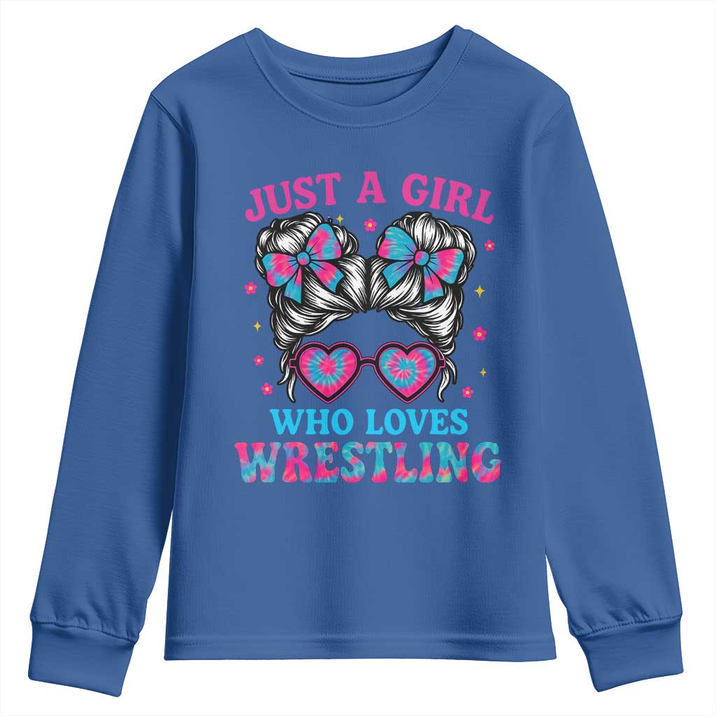 Just A Girl Who Loves Wrestling Youth Sweatshirt Funny Wrestle Lover Wrestler Messy Bun TS10 Royal Blue Print Your Wear