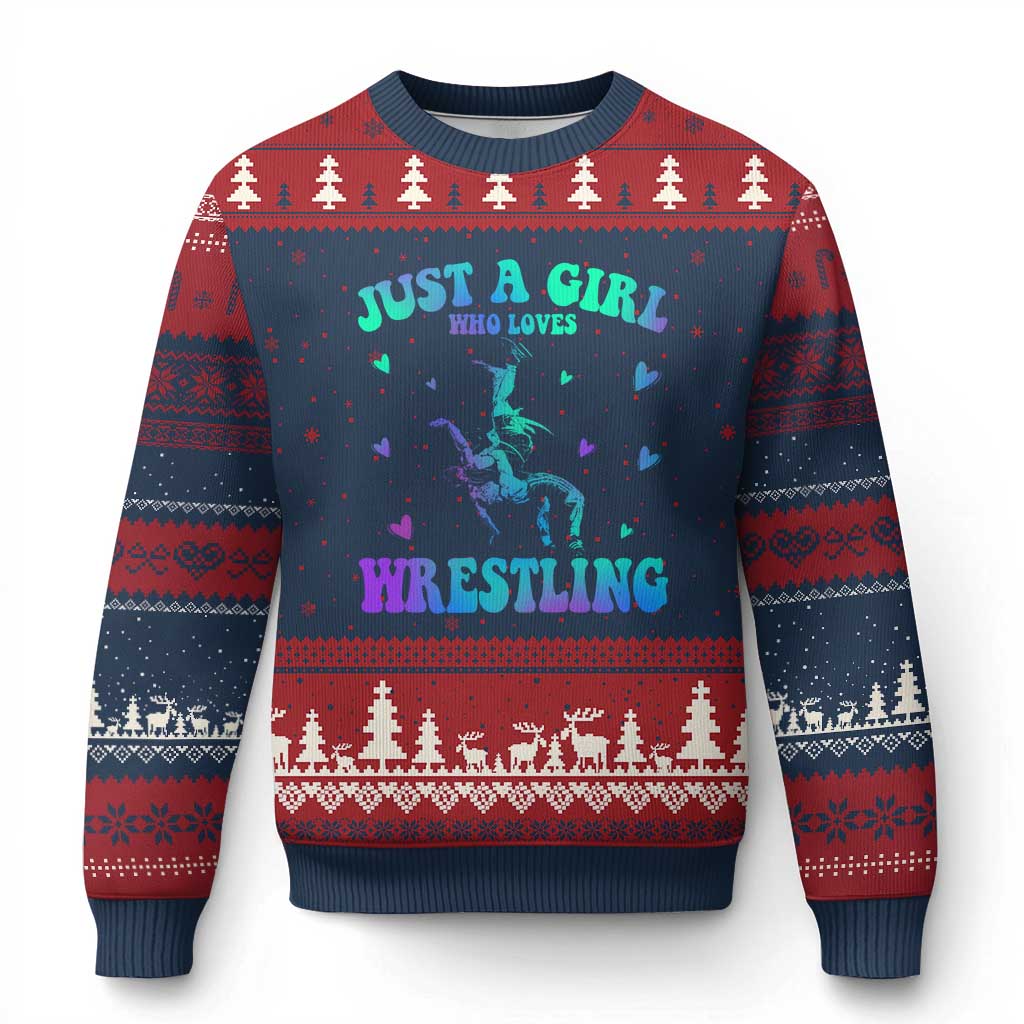 Just A Girl Who Loves Wrestling Ugly Christmas Sweater Funny Wrestle Lover Wrestler TS10 Navy Red Print Your Wear
