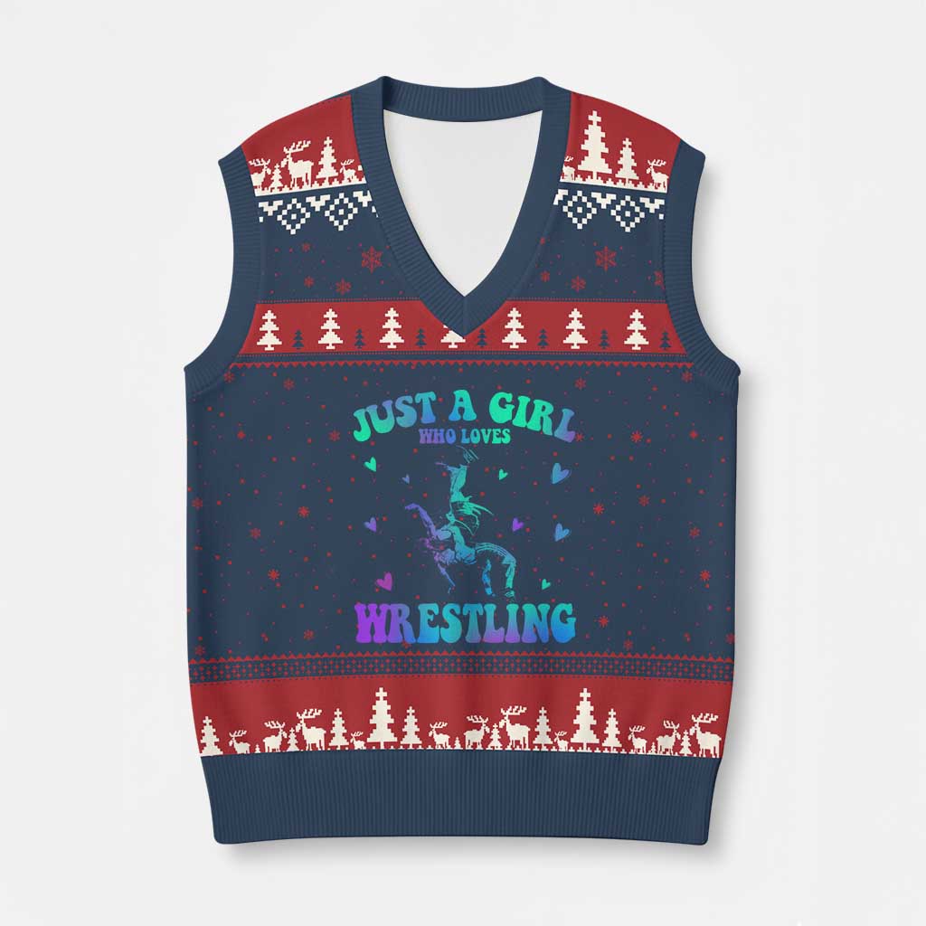 Just A Girl Who Loves Wrestling V-Neck Knit Sweater Vest Funny Wrestle Lover Wrestler TS10 Navy Red Print Your Wear