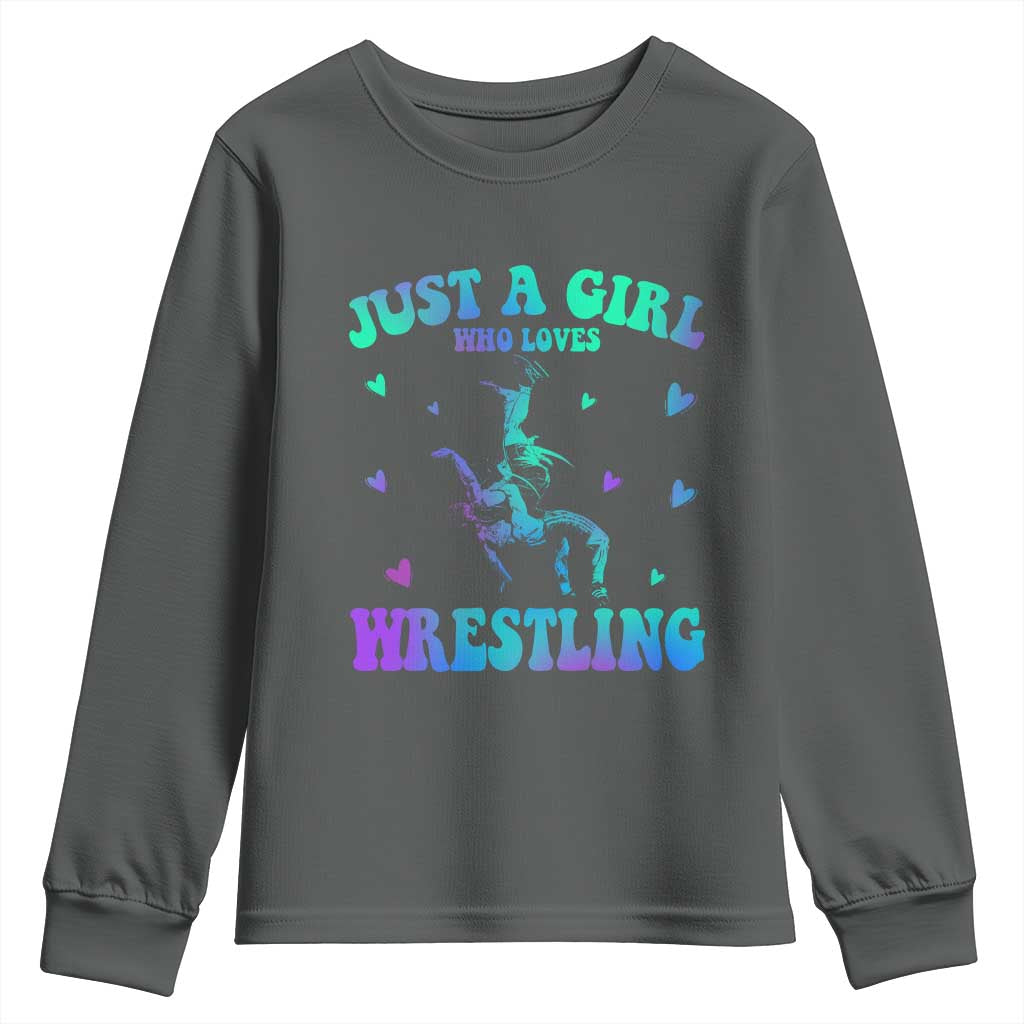 Just A Girl Who Loves Wrestling Youth Sweatshirt Funny Wrestle Lover Wrestler TS10 Dark Heather Print Your Wear