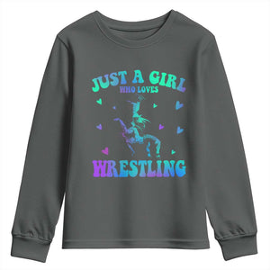 Just A Girl Who Loves Wrestling Youth Sweatshirt Funny Wrestle Lover Wrestler TS10 Dark Heather Print Your Wear
