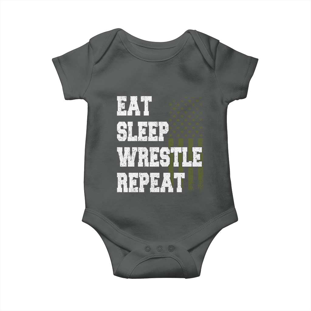 Eat Sleep Wrestle Repeat Baby Onesie Funny Wrestling Gym American Flag TS10 Dark Heather Print Your Wear