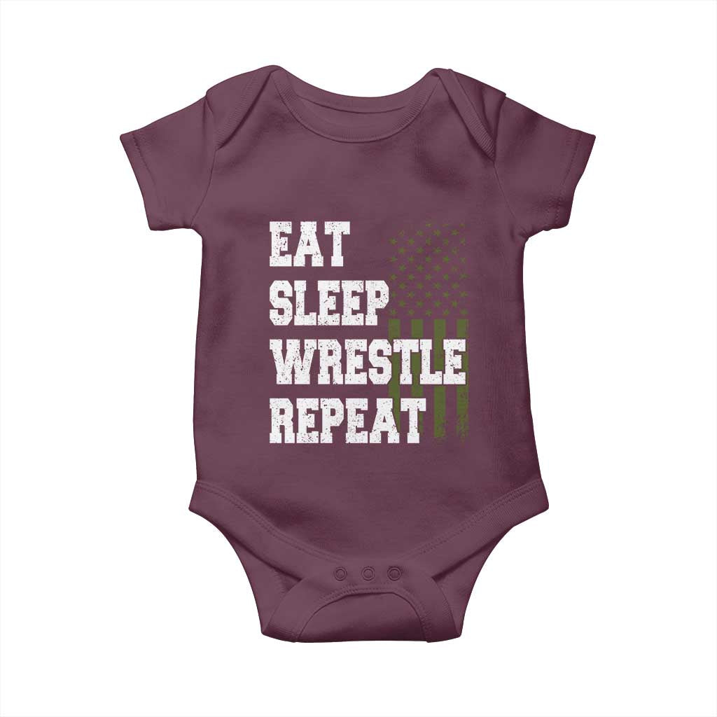 Eat Sleep Wrestle Repeat Baby Onesie Funny Wrestling Gym American Flag TS10 Maroon Print Your Wear