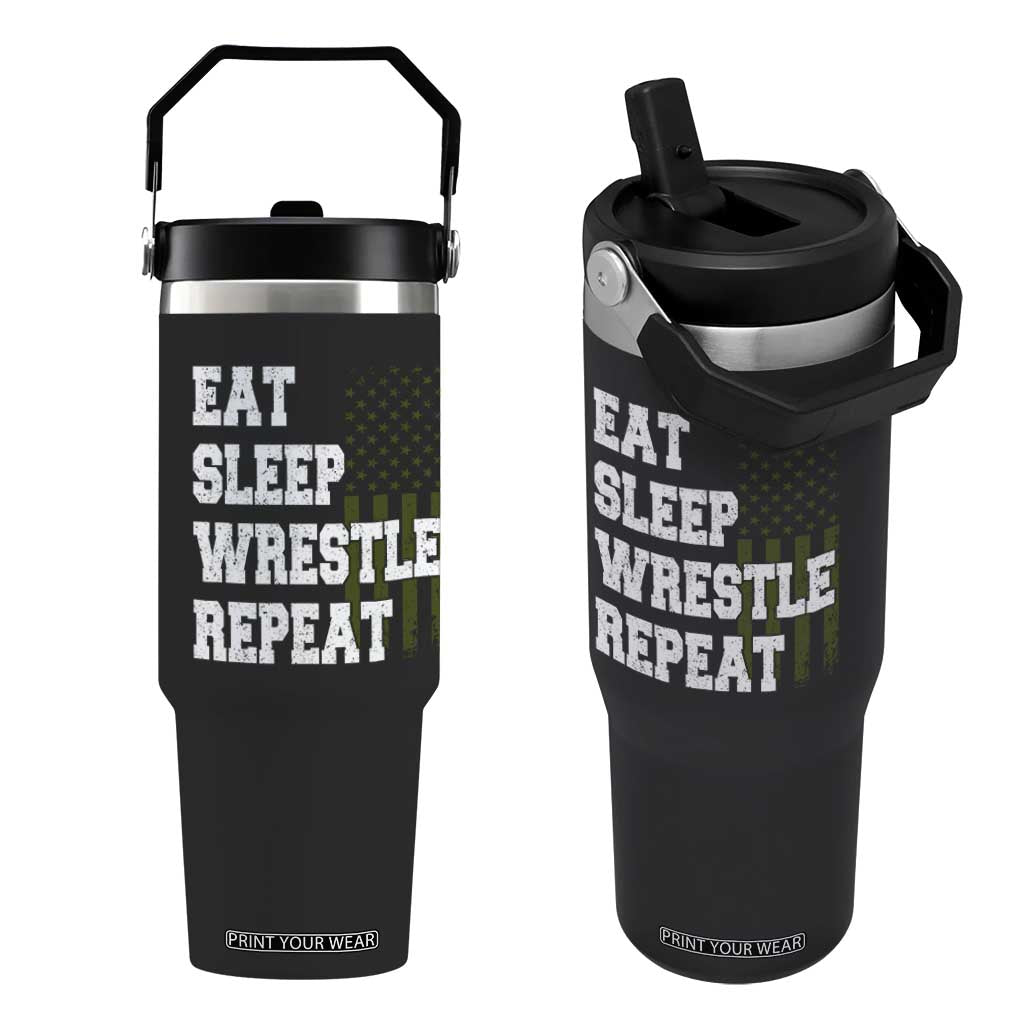 Eat Sleep Wrestle Repeat Flip Straw Tumbler Funny Wrestling Gym American Flag TS10 One Size: 30 oz Black Print Your Wear
