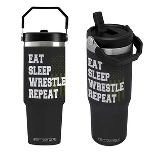 Eat Sleep Wrestle Repeat Flip Straw Tumbler Funny Wrestling Gym American Flag TS10 One Size: 30 oz Black Print Your Wear