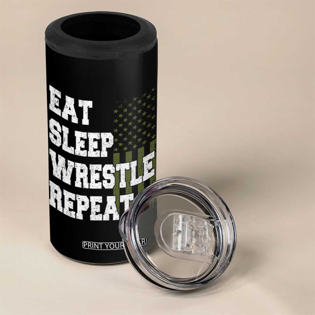 Eat Sleep Wrestle Repeat 4 in 1 Can Cooler Tumbler Funny Wrestling Gym American Flag TS10 Print Your Wear