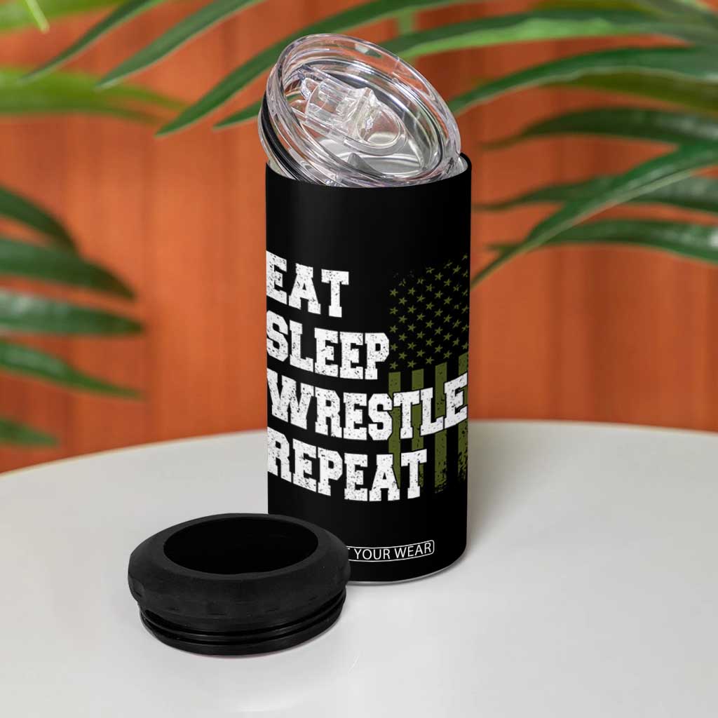 Eat Sleep Wrestle Repeat 4 in 1 Can Cooler Tumbler Funny Wrestling Gym American Flag TS10 Print Your Wear