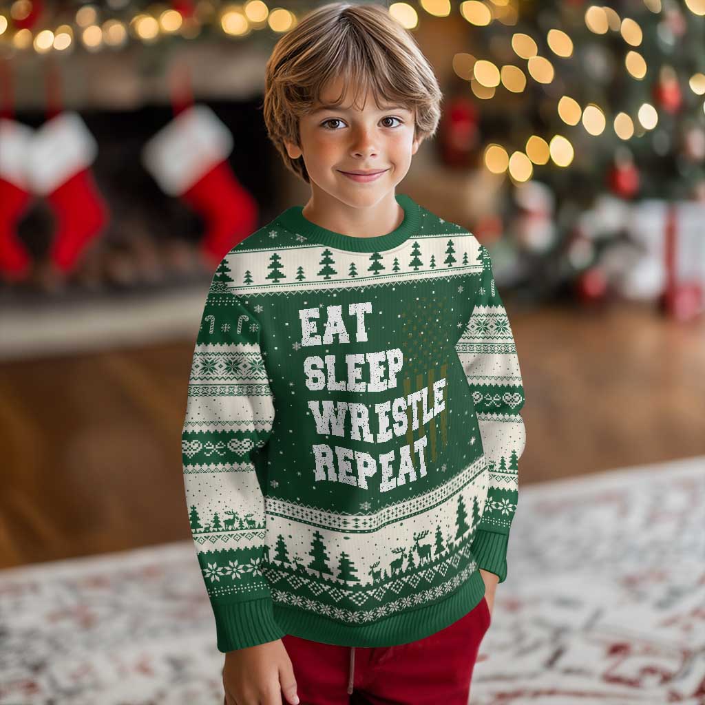 Eat Sleep Wrestle Repeat Ugly Christmas Sweater Funny Wrestling Gym American Flag TS10 Forest Green Beige Print Your Wear