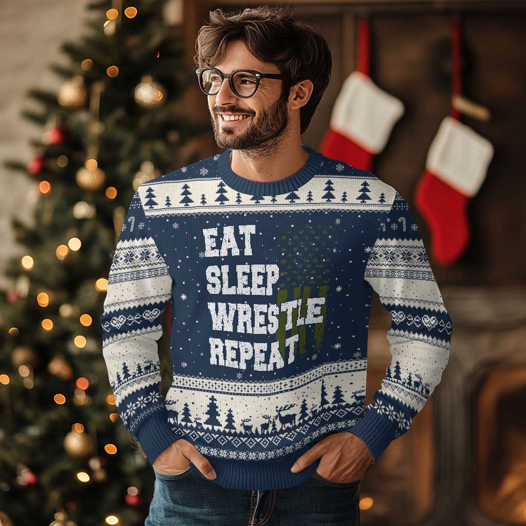 Eat Sleep Wrestle Repeat Ugly Christmas Sweater Funny Wrestling Gym American Flag TS10 Navy Beige Print Your Wear