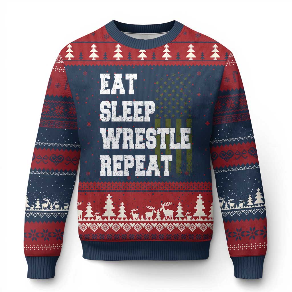 Eat Sleep Wrestle Repeat Ugly Christmas Sweater Funny Wrestling Gym American Flag TS10 Navy Red Print Your Wear