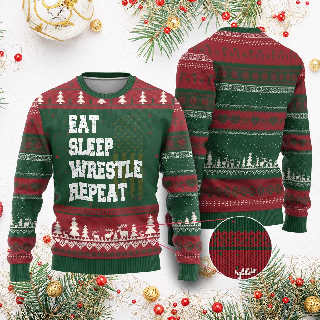 Eat Sleep Wrestle Repeat Ugly Christmas Sweater Funny Wrestling Gym American Flag TS10 Red Green Print Your Wear