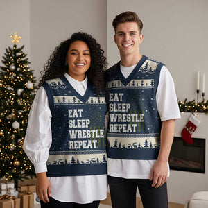 Eat Sleep Wrestle Repeat V-Neck Knit Sweater Vest Funny Wrestling Gym American Flag TS10 Navy Beige Print Your Wear