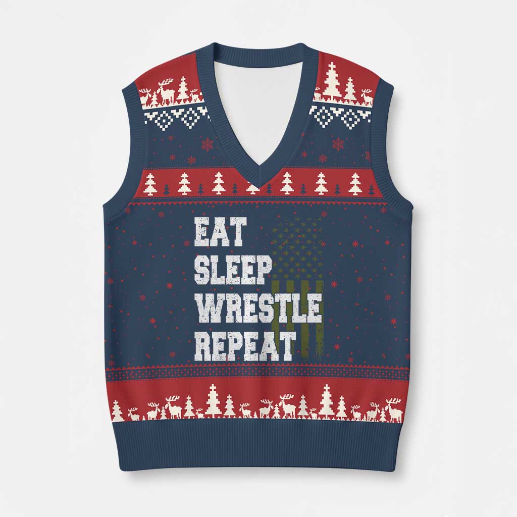 Eat Sleep Wrestle Repeat V-Neck Knit Sweater Vest Funny Wrestling Gym American Flag TS10 Navy Red Print Your Wear
