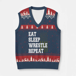 Eat Sleep Wrestle Repeat V-Neck Knit Sweater Vest Funny Wrestling Gym American Flag TS10 Navy Red Print Your Wear