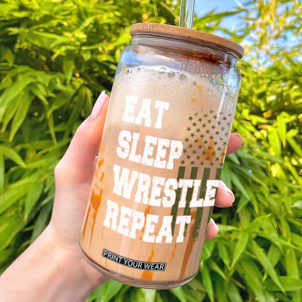 Eat Sleep Wrestle Repeat Glass Can Funny Wrestling Gym American Flag TS10 Black Print Your Wear
