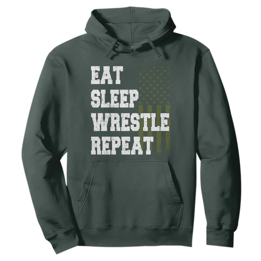 Eat Sleep Wrestle Repeat Hoodie Funny Wrestling Gym American Flag TS10 Dark Forest Green Print Your Wear