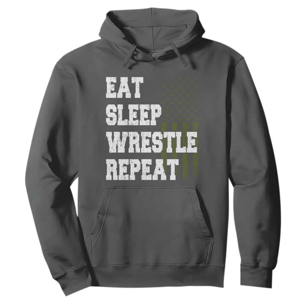 Eat Sleep Wrestle Repeat Hoodie Funny Wrestling Gym American Flag TS10 Dark Heather Print Your Wear