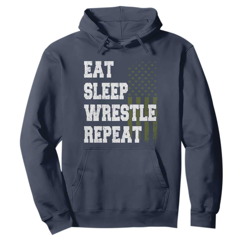 Eat Sleep Wrestle Repeat Hoodie Funny Wrestling Gym American Flag TS10 Navy Print Your Wear