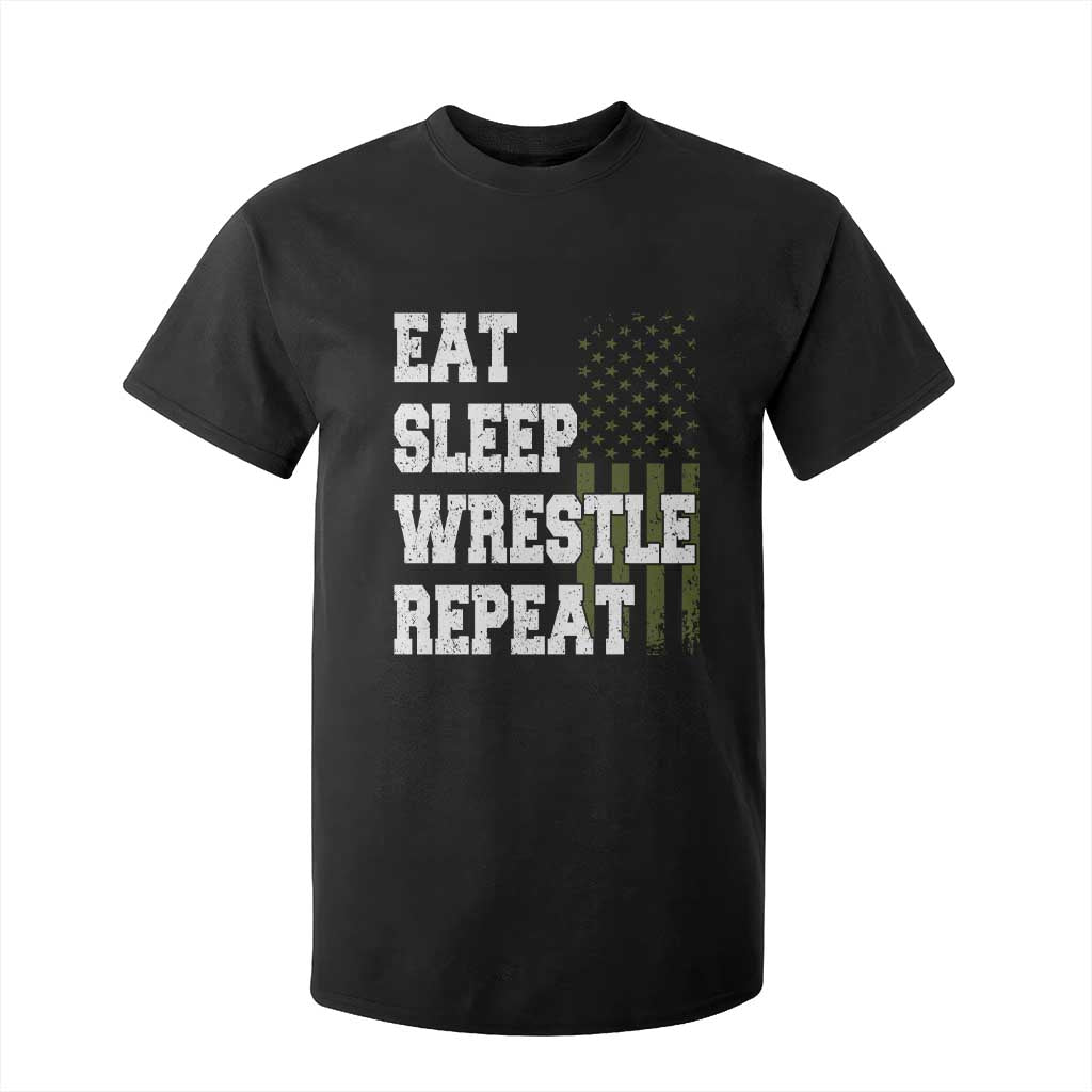 Eat Sleep Wrestle Repeat T Shirt For Kid Funny Wrestling Gym American Flag TS10 Black Print Your Wear