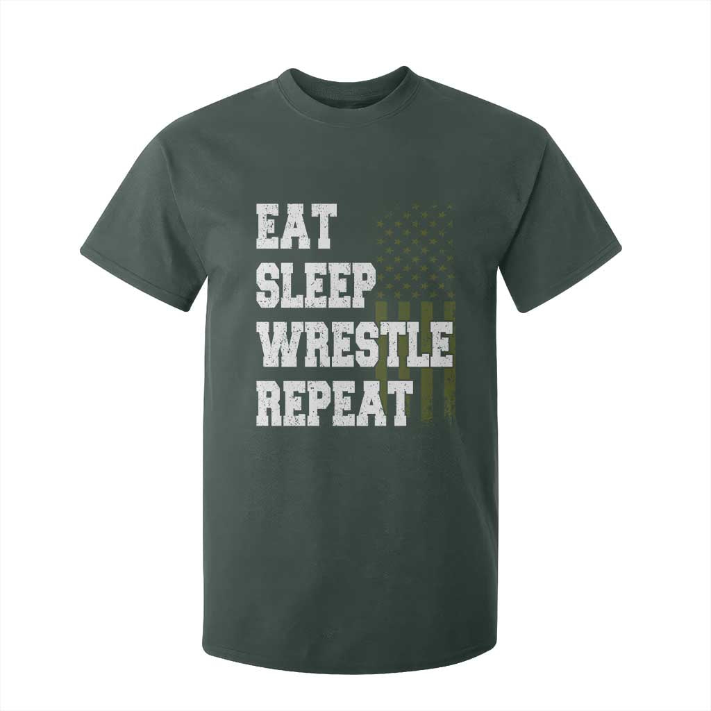 Eat Sleep Wrestle Repeat T Shirt For Kid Funny Wrestling Gym American Flag TS10 Dark Forest Green Print Your Wear