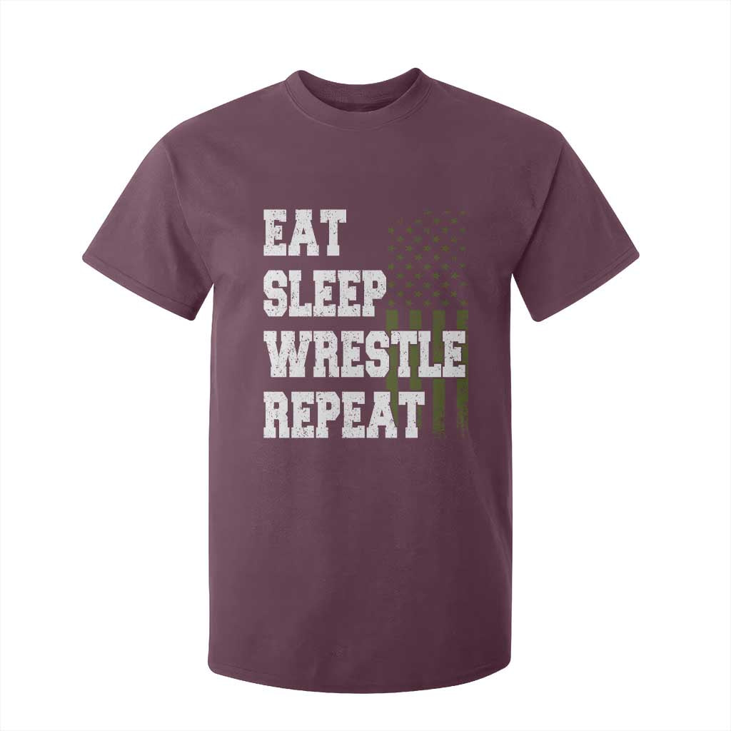 Eat Sleep Wrestle Repeat T Shirt For Kid Funny Wrestling Gym American Flag TS10 Maroon Print Your Wear
