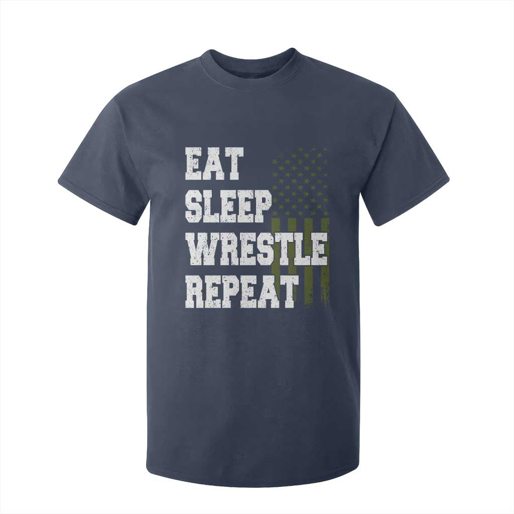 Eat Sleep Wrestle Repeat T Shirt For Kid Funny Wrestling Gym American Flag TS10 Navy Print Your Wear