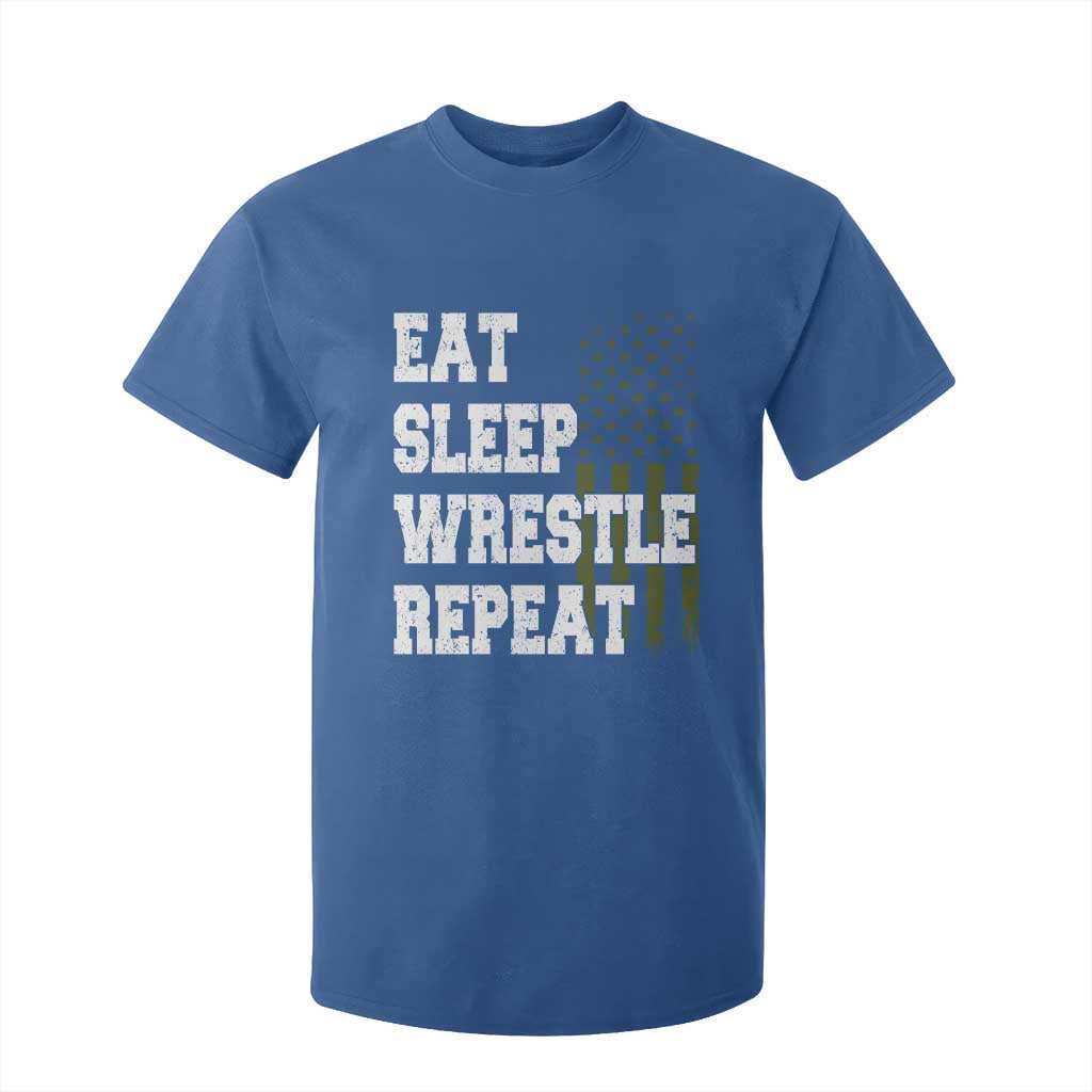 Eat Sleep Wrestle Repeat T Shirt For Kid Funny Wrestling Gym American Flag TS10 Royal Blue Print Your Wear