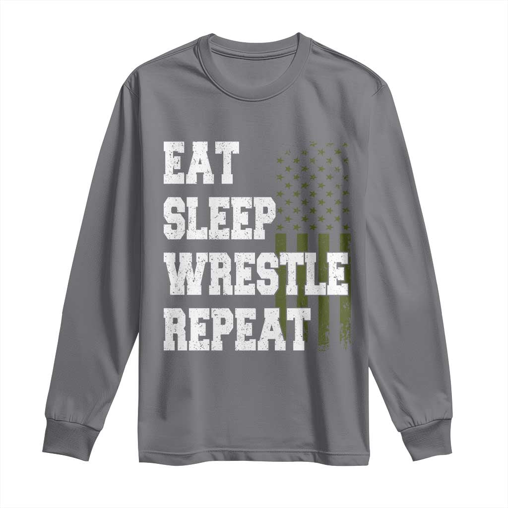 Eat Sleep Wrestle Repeat Long Sleeve Shirt Funny Wrestling Gym American Flag TS10 Charcoal Print Your Wear