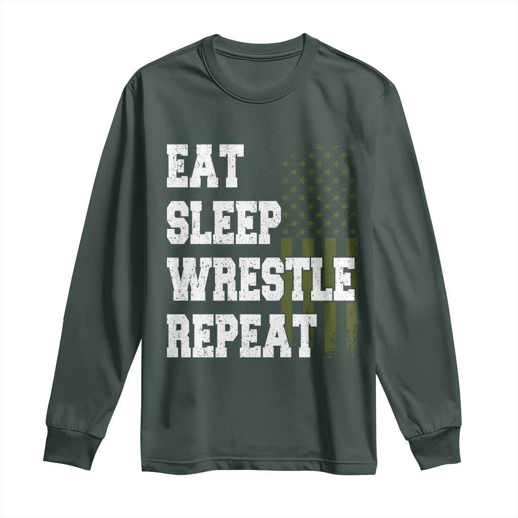 Eat Sleep Wrestle Repeat Long Sleeve Shirt Funny Wrestling Gym American Flag TS10 Dark Forest Green Print Your Wear