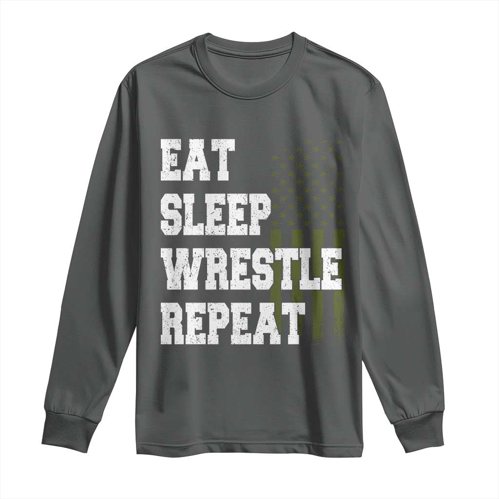 Eat Sleep Wrestle Repeat Long Sleeve Shirt Funny Wrestling Gym American Flag TS10 Dark Heather Print Your Wear