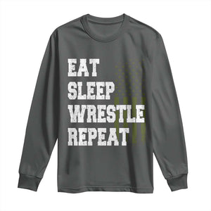 Eat Sleep Wrestle Repeat Long Sleeve Shirt Funny Wrestling Gym American Flag TS10 Dark Heather Print Your Wear