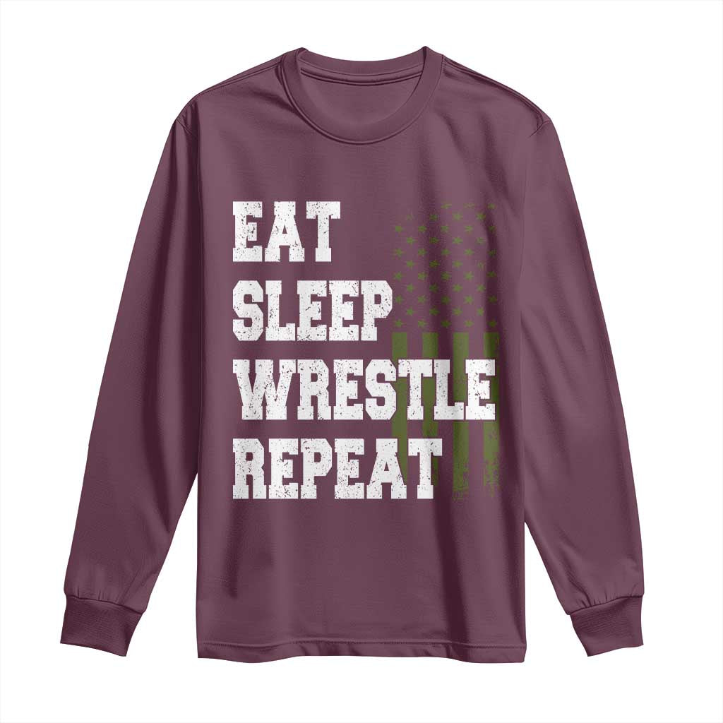 Eat Sleep Wrestle Repeat Long Sleeve Shirt Funny Wrestling Gym American Flag TS10 Maroon Print Your Wear
