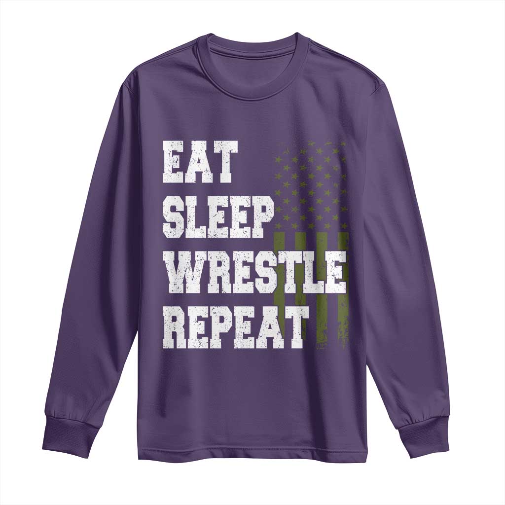 Eat Sleep Wrestle Repeat Long Sleeve Shirt Funny Wrestling Gym American Flag TS10 Purple Print Your Wear
