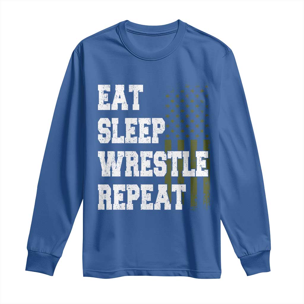 Eat Sleep Wrestle Repeat Long Sleeve Shirt Funny Wrestling Gym American Flag TS10 Royal Blue Print Your Wear