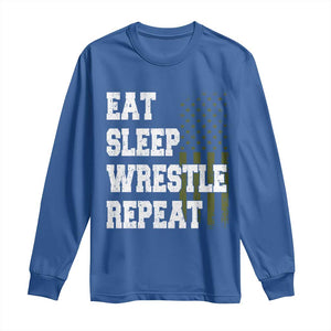 Eat Sleep Wrestle Repeat Long Sleeve Shirt Funny Wrestling Gym American Flag TS10 Royal Blue Print Your Wear