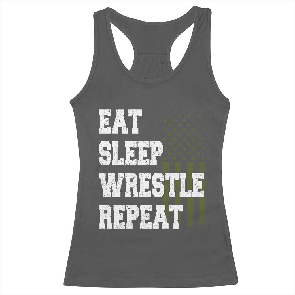 Eat Sleep Wrestle Repeat Racerback Tank Top Funny Wrestling Gym American Flag TS10 Dark Heather Print Your Wear
