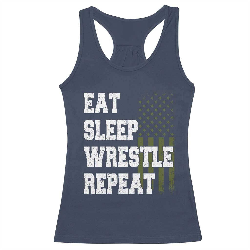 Eat Sleep Wrestle Repeat Racerback Tank Top Funny Wrestling Gym American Flag TS10 Navy Print Your Wear