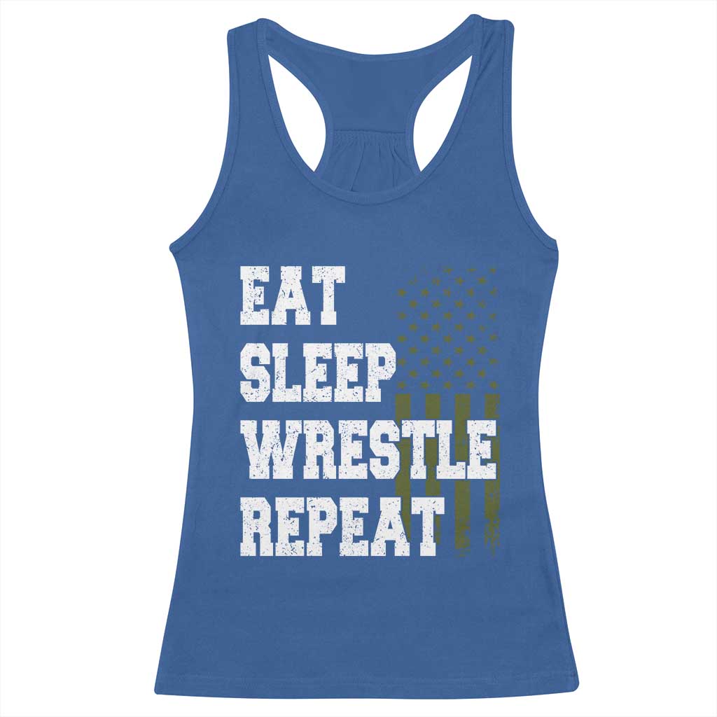 Eat Sleep Wrestle Repeat Racerback Tank Top Funny Wrestling Gym American Flag TS10 Royal Blue Print Your Wear