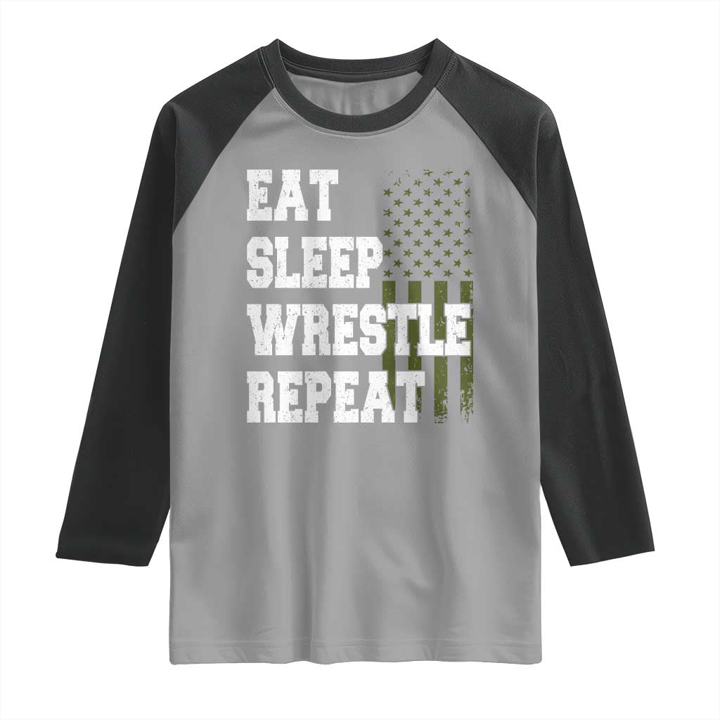 Eat Sleep Wrestle Repeat Raglan Shirt Funny Wrestling Gym American Flag TS10 Sport Gray Black Print Your Wear