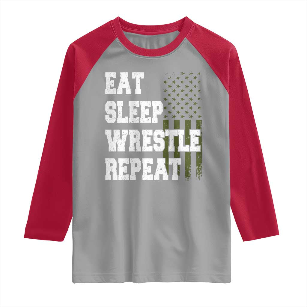 Eat Sleep Wrestle Repeat Raglan Shirt Funny Wrestling Gym American Flag TS10 Sport Gray Red Print Your Wear