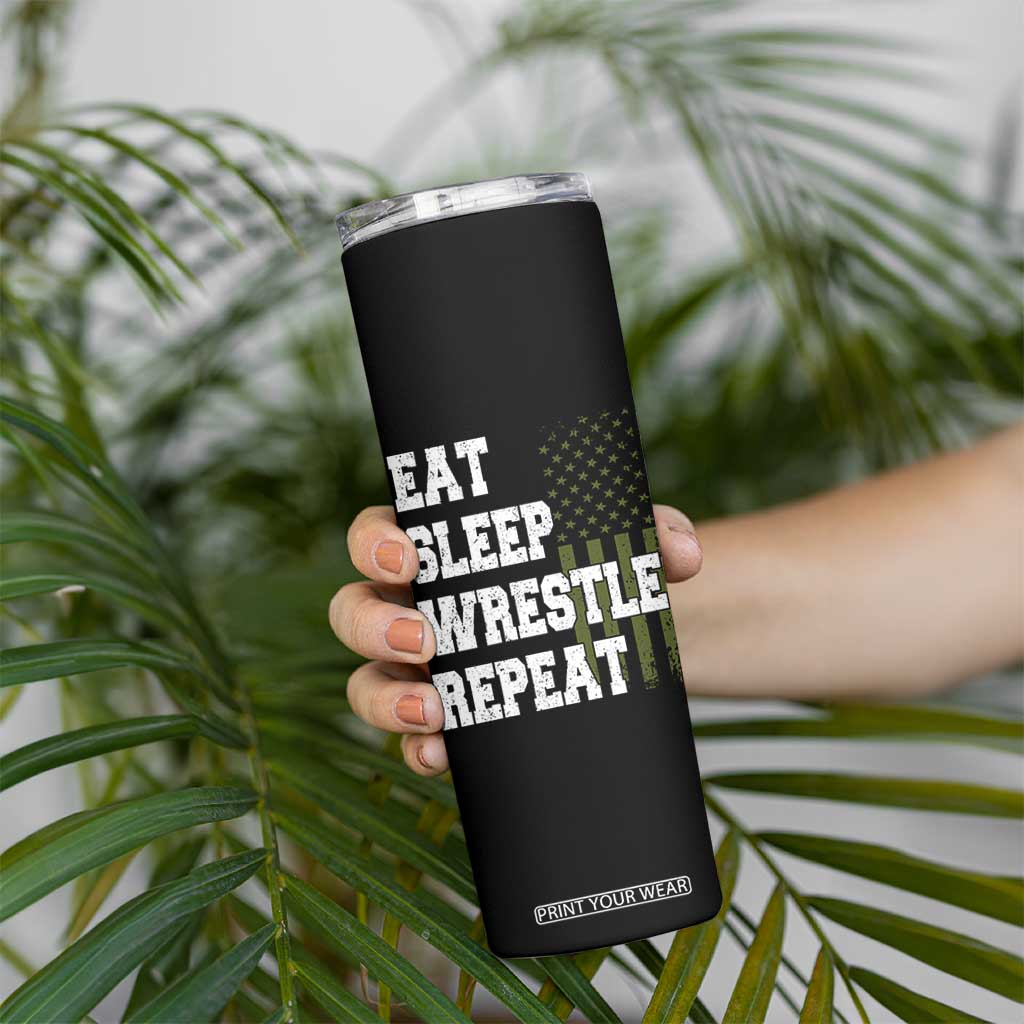 Eat Sleep Wrestle Repeat Skinny Tumbler Funny Wrestling Gym American Flag TS10 Print Your Wear