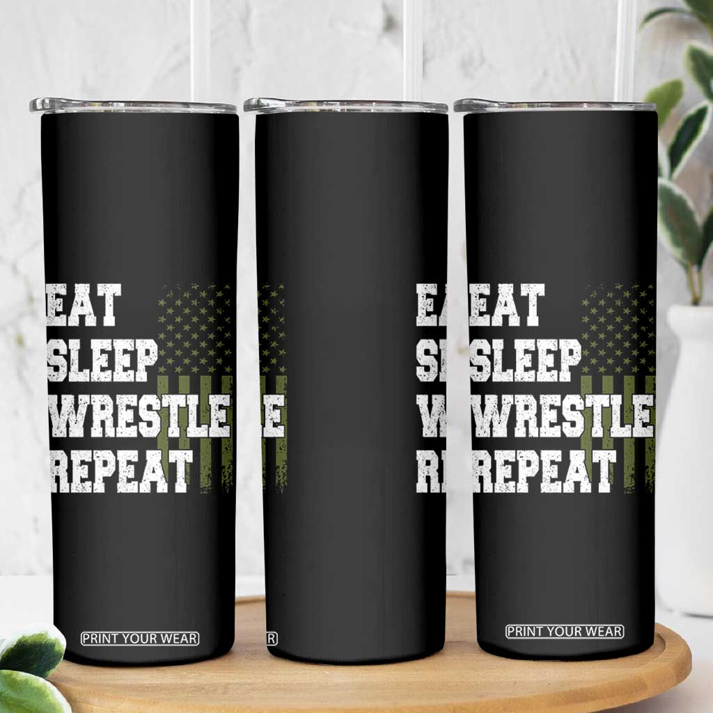 Eat Sleep Wrestle Repeat Skinny Tumbler Funny Wrestling Gym American Flag TS10 Print Your Wear