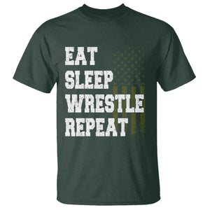 Eat Sleep Wrestle Repeat T Shirt Funny Wrestling Gym American Flag TS10 Dark Forest Green Print Your Wear