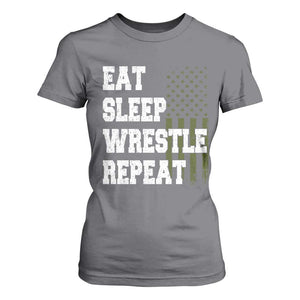 Eat Sleep Wrestle Repeat T Shirt For Women Funny Wrestling Gym American Flag TS10 Charcoal Print Your Wear