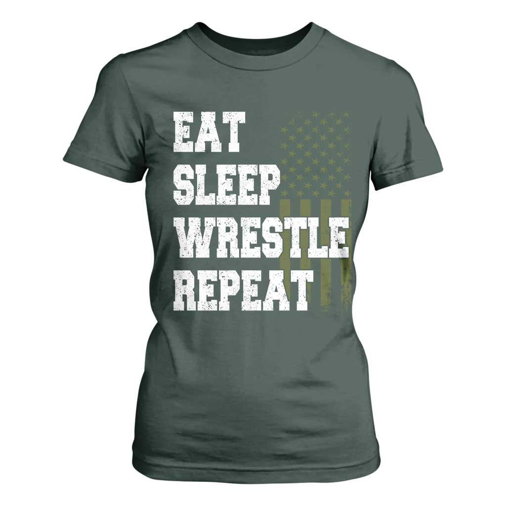 Eat Sleep Wrestle Repeat T Shirt For Women Funny Wrestling Gym American Flag TS10 Dark Forest Green Print Your Wear